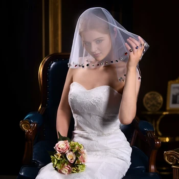 JaneVini Блестяща многоцветен край от страз Мини Мек тюл Сватба Воал руж Затваря лицето Аксесоари за сватбената рокля на булката