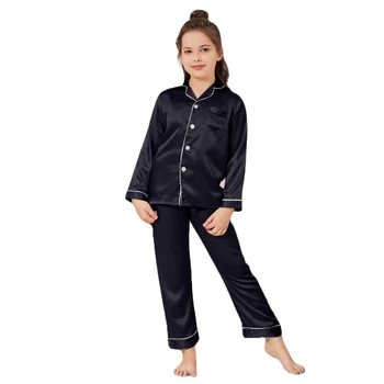 Продажба на едро, черни пижами за малки деца, Сатенени пижами копчета за момичета и момчета, комплект пижам за спане, дрехи за почивка L333