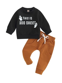 Комплект костюм сладка малка тиква за Хелоуин с риза с дълъг ръкав и еластични штанами за бебета, 2 бр.
