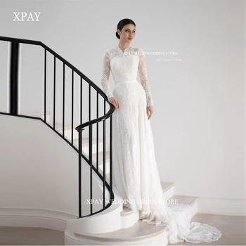 XPAY Скромни сватбени рокли трапецовидна форма с прекрасна дантела, дълги ръкави, високо деколте, панделка, лента, колан, арабски женски класически булчински рокли