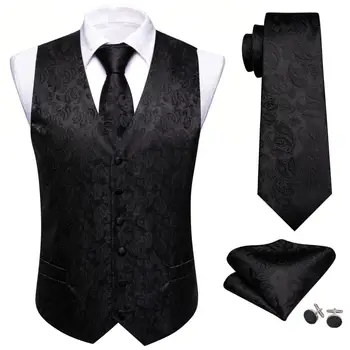 Луксозен копринен елек за мъже, черна жилетка с цветя модел Пейсли, Комплект за вратовръзки, Сватбена Официалната бизнес парти, яке без ръкави Бари Уонг