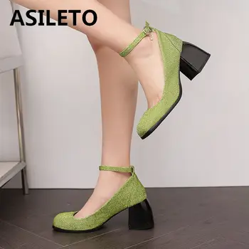 ASILETO/ Модни дамски обувки-лодка с квадратни пръсти и каишка с катарама за щиколотке, на блок ток 7 см, Лаконичная Елегантни обувки Sweet Gilrs, Голям Размер на 49 50