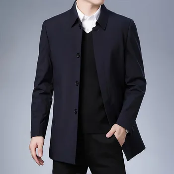 Мъжки ежедневни бизнес памучен сако с ревери на средна възраст, зимно палто, лесно и със средна дължина