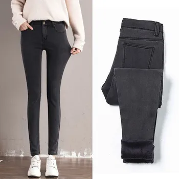 Зимни дънки Дамски кадифе с висока талия Еластични дамски панталон-молив с цип пълна дължина, тесни дънкови панталони-молив Черен, син, сив цвят