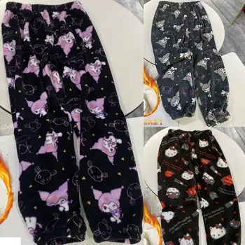 Фланелен пижамные панталони Hello Kitty Kuromi с аниме мультфильмом Sanrio Домашни панталони Студентски ежедневни Дълги панталони от Кадифе сгъстено топли панталони