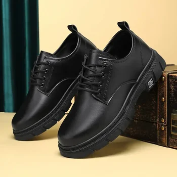 Мъжки кожени обувки 2023, нова есенна ежедневни дрехи бизнес British Big Head, черна стилни обувки за момчета с мека подметка
