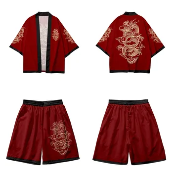 Костюм-двойка, японски жилетка, Мъжки cosplay, комплекти кимоно и шорти Юката Харадзюку с принтом Китайски дракон, традиционни азиатски комплекти