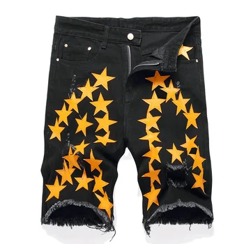 Мъжки кожени дънкови къси панталони с ивици под формата на звезди, Летни Свободни Черни Дънки Скъсани гащички с дупки.