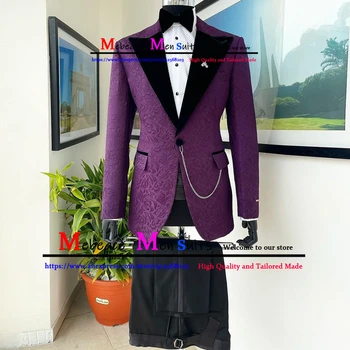 Лилаво цвете модел, облекло за младоженеца, сватбена костюми, смокинги, черни мъжки костюми с ревери, 2 предмета (яке + панталон Trajes De Hombre Boda 2022