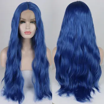 Синтетични косми е синьо на цвят и е вълнообразен синтетични косми е 13X4, дантела перуки отпред, Бесклеевые Косата от висококачествени термоустойчиви влакна за дамски дрехи