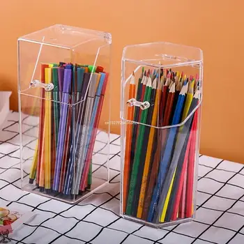 Прозрачен Държач за писалка Кутия за съхранение на канцеларски материали Прозрачна кутия за съхранение на моливи с капак на Совалката