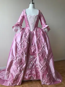 Секси Розова рокля на Мария-Антоанета в стил рококо от 1700-те години на Кралския двор Belle Marie Antoinette robe la francaise с отворен гръб