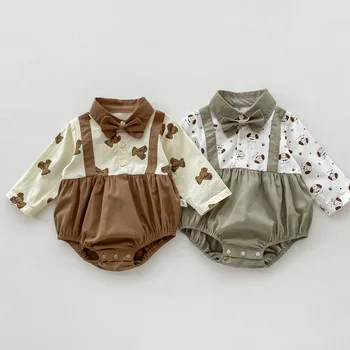 Корейски дрехи за малките момчета, есен боди с дълги ръкави за бебета, панделки за момчета в стил мозайка, една част дрехи, анцуг за малки деца