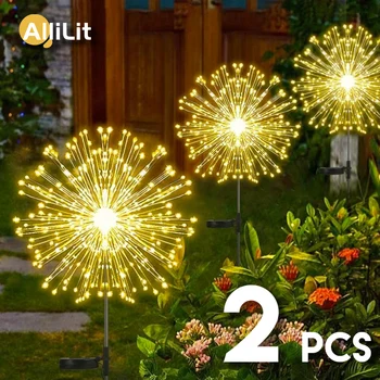 AlliLit 2 бр. Led Слънчеви фойерверки, водоустойчив улични гирлянди от огнища под формата на глухарчета, гирлянди за украса на градината, косене на тревата