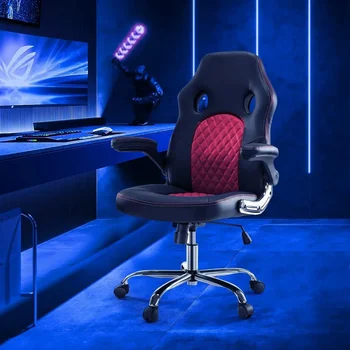 Игри ергономичен бюро С откидными подлакътници и лумбална опора Компютърен стол за възрастни със средна облегалка от изкуствена кожа, червен