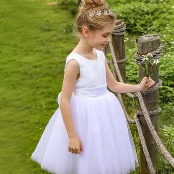 Детско сватбена рокля без ръкави, атласное рокля с пеперуда, пищни рокля за рожден ден